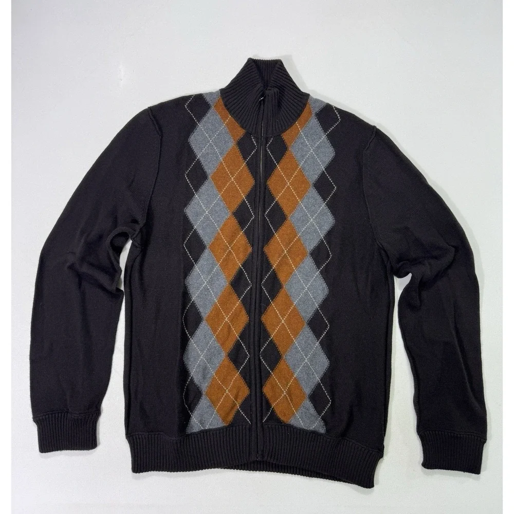 Banana Republic Full Zip Sweater Mens Large Luxury Blend Angora Cashmere Argyle